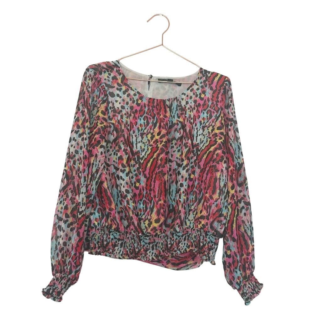 Marc New York Vibrant Multi-Color Animal Print Long-Sleeve Blouse smocked waist